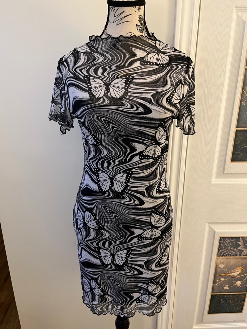 Caution To The Wind Black & White Butterfly Print Mesh Dress